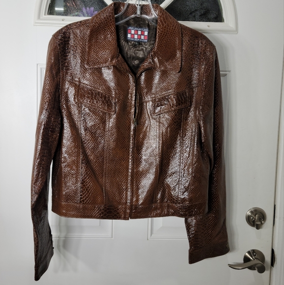 NEW Ladies Brown Reptile Print Leather Truckers Style Jacket Size L - Picture 4 of 9